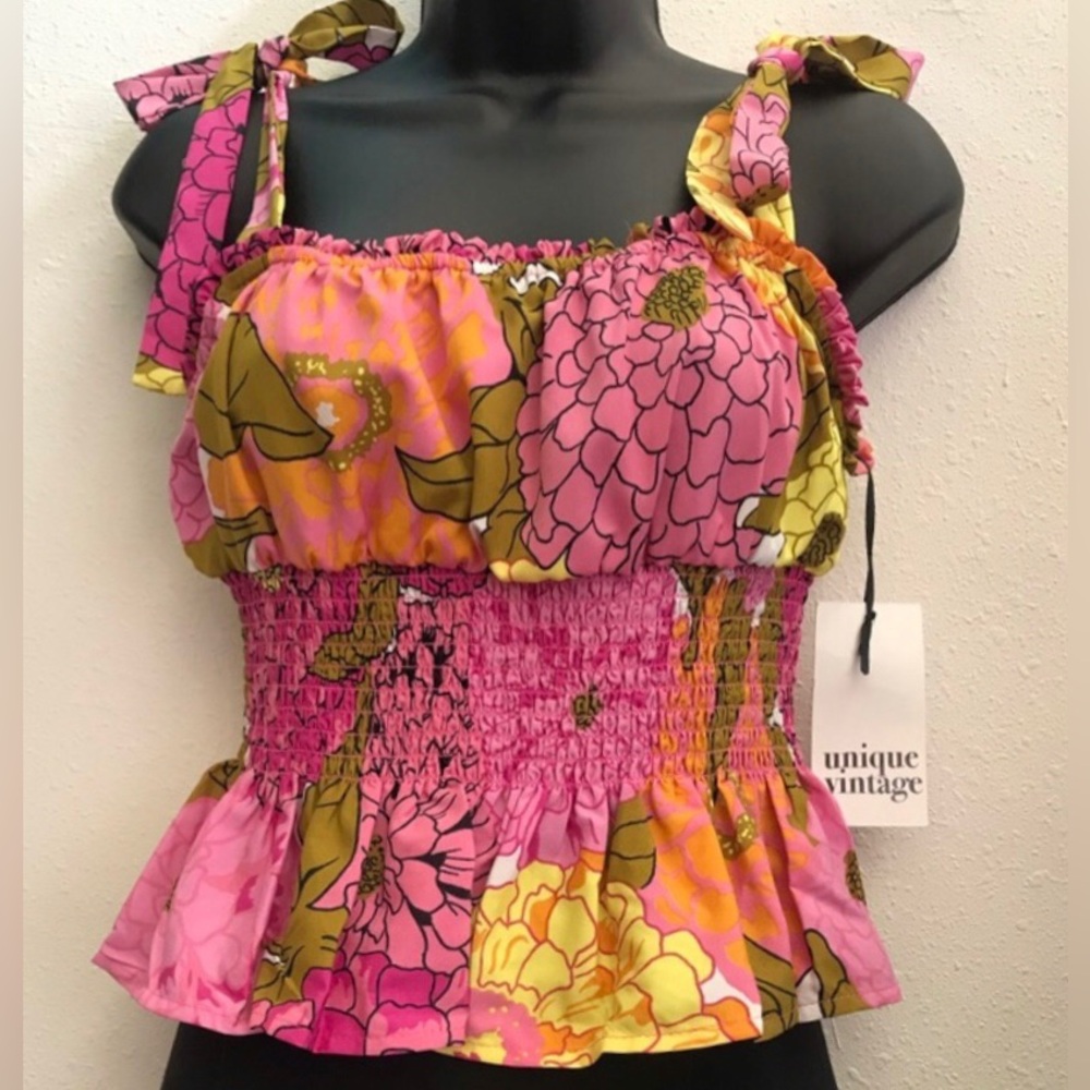 Unique Vintage Breezy Babe Smocked Top Tank Straps Pink Multi New